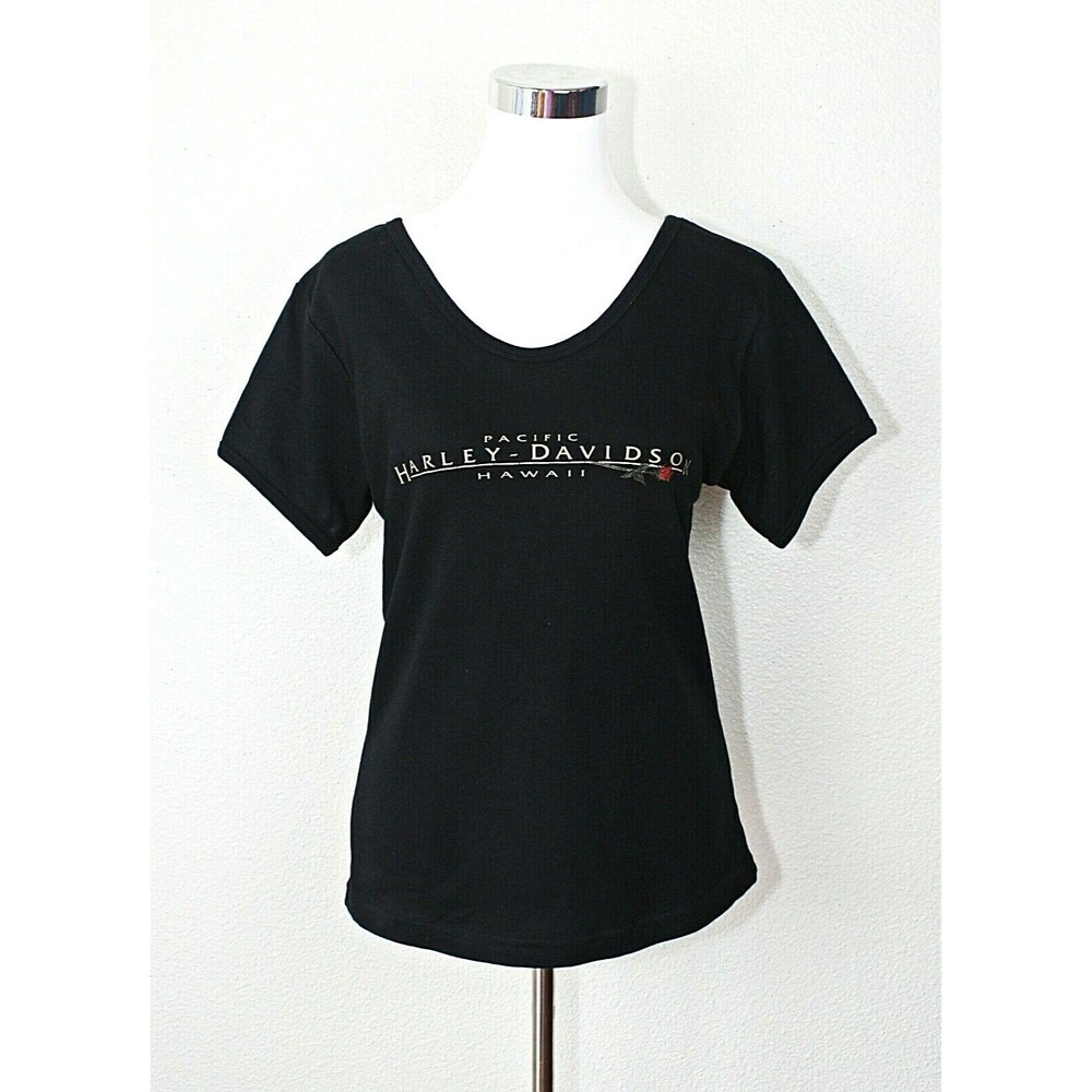 Harley Davidson knit top sz. XL black Pacific Hawaii rose SS biker casual #02